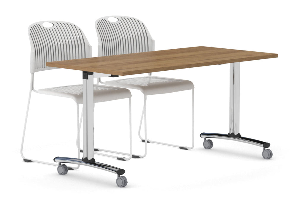 Folding / Flip Top Mobile Meeting Room Table with Wheel Chrome Legs Domino [1400L x 700W]-salvage oak  