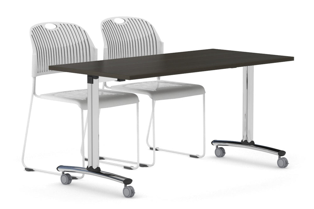 Folding / Flip Top Mobile Meeting Room Table with Wheel Chrome Legs Domino [1600L x 700W]-dark oak  