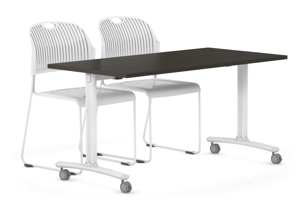 Folding / Flip Top Mobile Meeting Room Table with Wheel Legs Domino [1400L x 700W]-white leg dark oak 