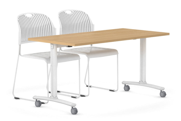 Folding / Flip Top Mobile Meeting Room Table with Wheels Legs Domino [1400L x 700W] Jasonl white leg maple 