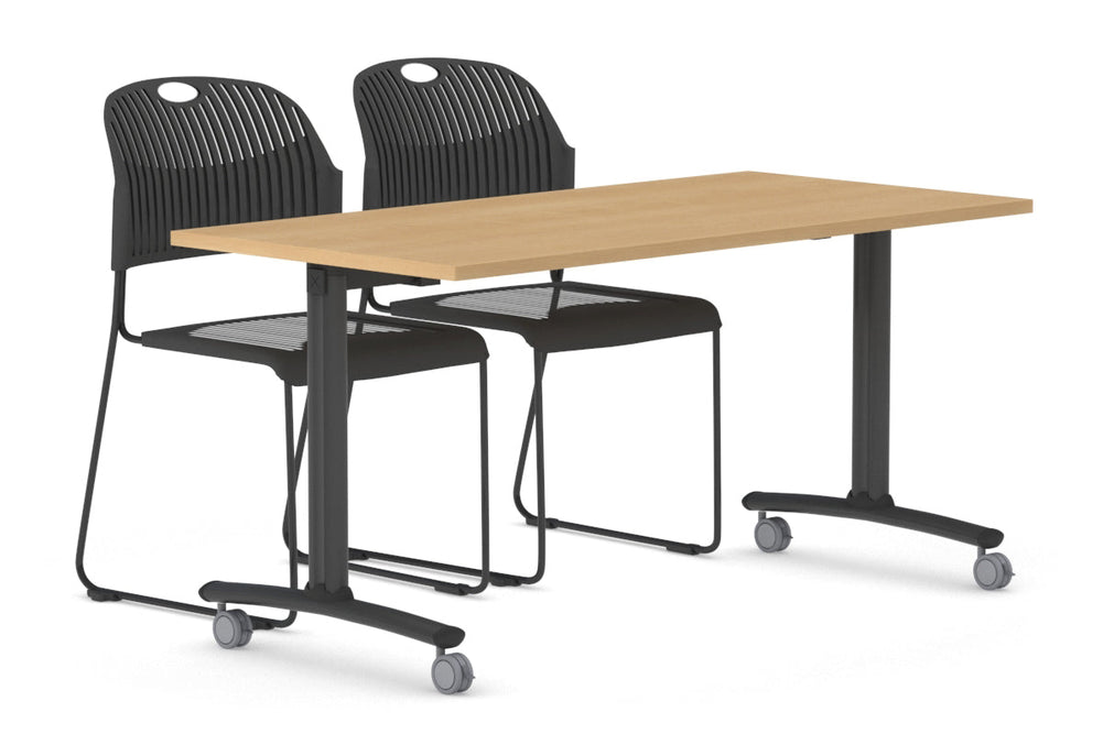 Folding / Flip Top Mobile Meeting Room Table with Wheel Legs Domino [1400L x 700W]-black leg maple 