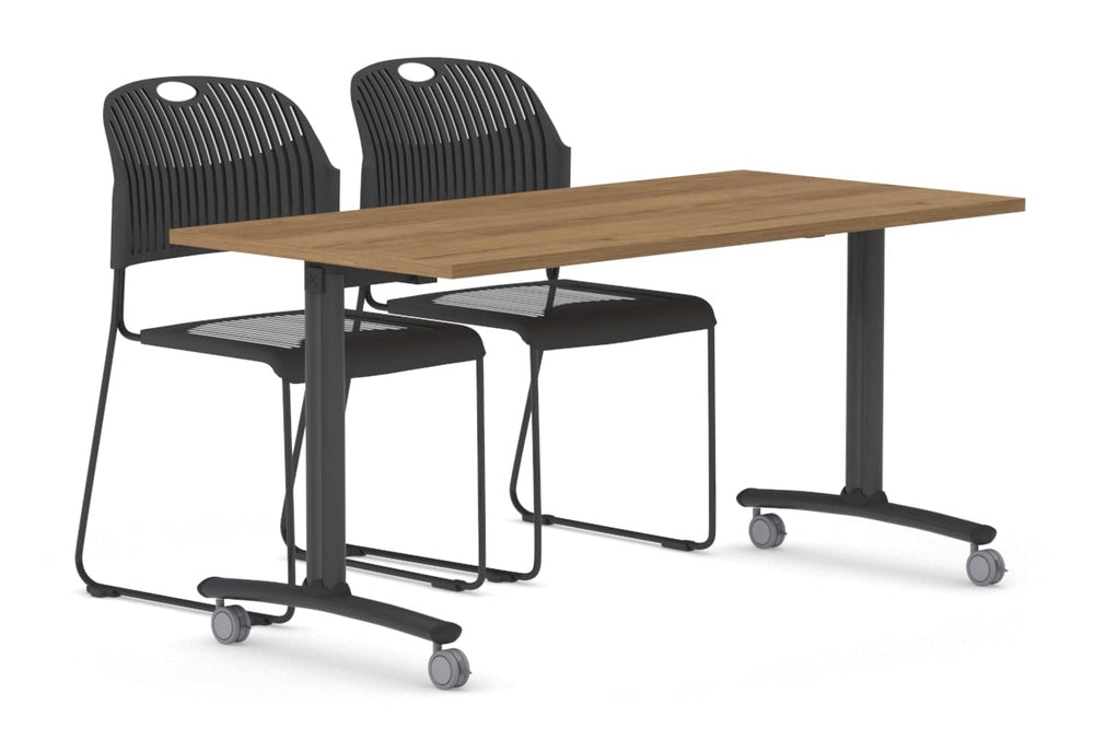 Folding / Flip Top Mobile Meeting Room Table with Wheel Legs Domino [1600L x 800W]-black leg salvage oak 