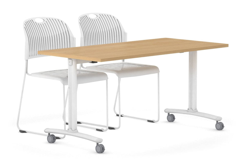 Folding / Flip Top Mobile Meeting Room Table with Wheel Legs Domino [1600L x 800W]-white leg maple 