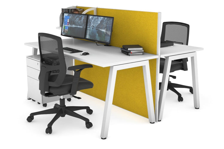 Horizon Quadro 2 Person Bench A Leg Office Workstations [1200L x 700W] Jasonl white leg white mustard yellow (1200H x 1200W)