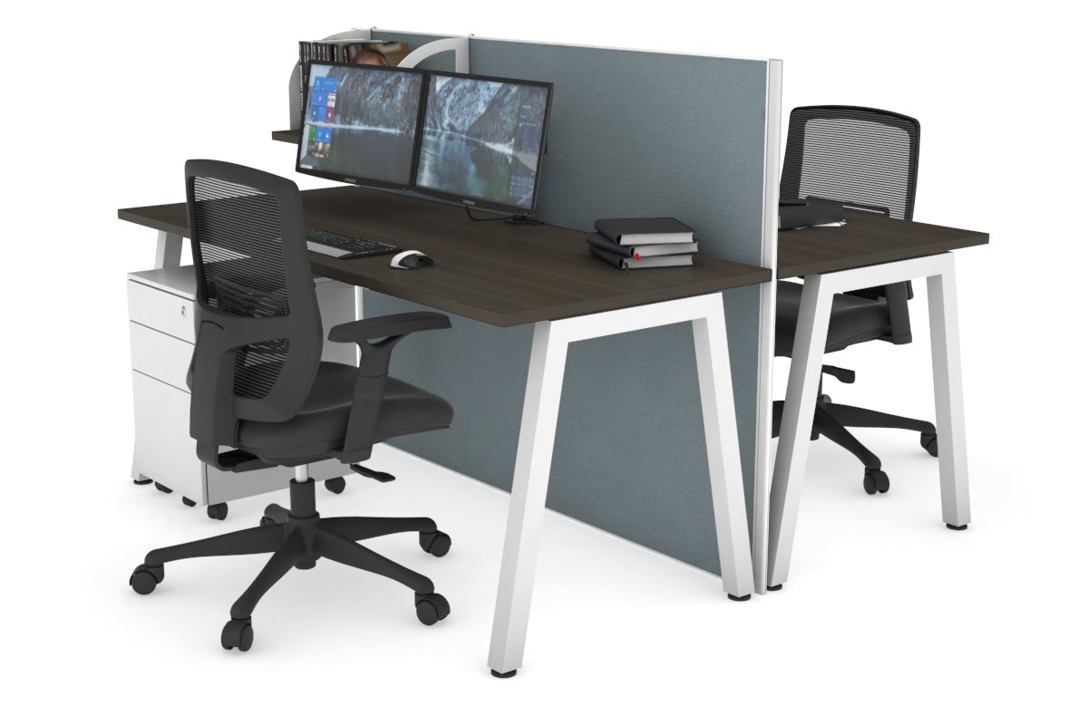 Horizon Quadro 2 Person Bench A Leg Office Workstations [1200L x 700W] Jasonl white leg dark oak cool grey (1200H x 1200W)