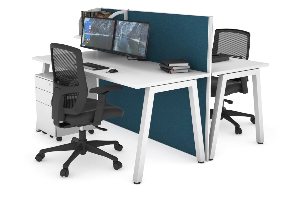 Horizon Quadro 2 Person Bench A Leg Office Workstations [1200L x 700W] Jasonl white leg white deep blue (1200H x 1200W)