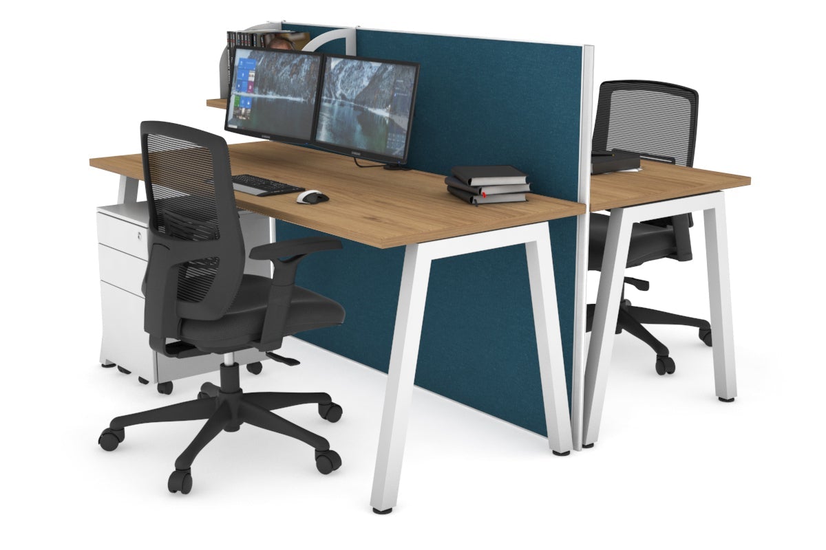 Horizon Quadro 2 Person Bench A Leg Office Workstations [1200L x 700W] Jasonl white leg salvage oak deep blue (1200H x 1200W)