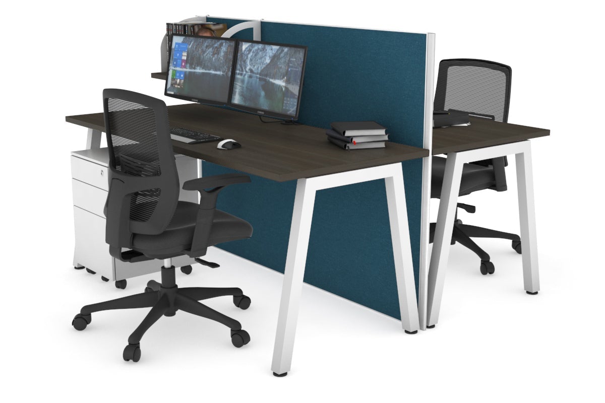 Horizon Quadro 2 Person Bench A Leg Office Workstations [1200L x 700W] Jasonl white leg dark oak deep blue (1200H x 1200W)