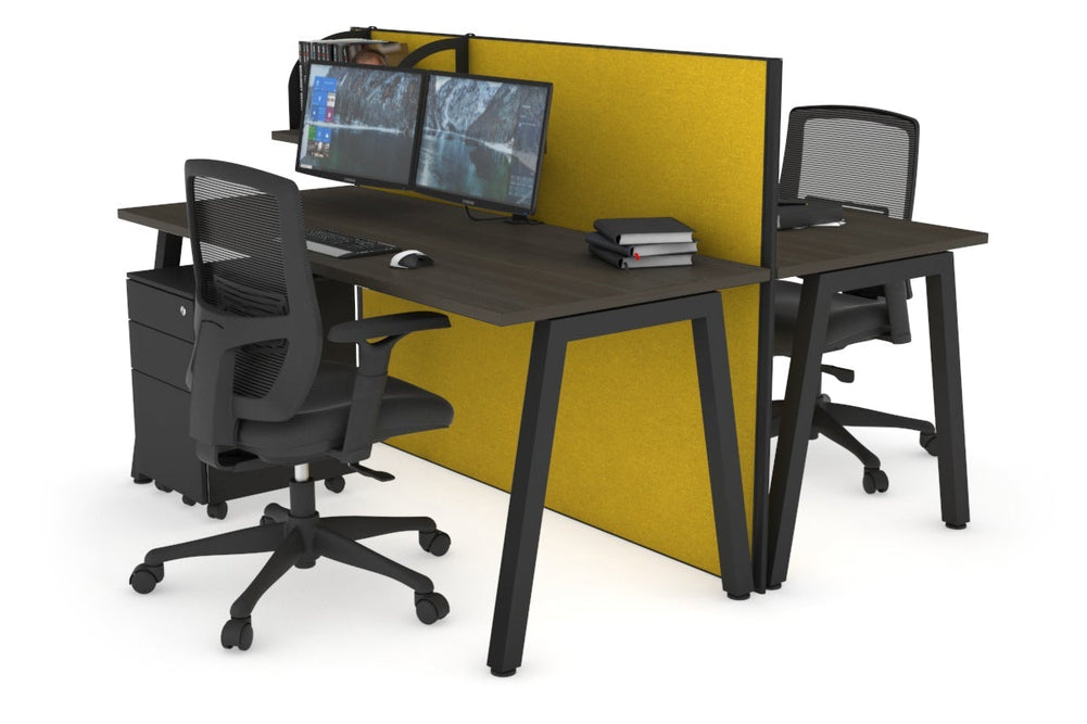 Horizon Quadro 2 Person Bench A Legs Office Workstation [1200L x 700W]-black leg dark oak mustard yellow (1200H x 1200W)