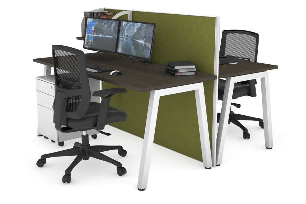 Horizon Quadro 2 Person Bench A Legs Office Workstation [1200L x 700W]-white leg dark oak green moss (1200H x 1200W)