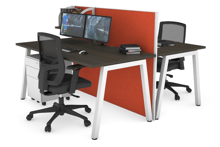 Horizon Quadro 2 Person Bench A Leg Office Workstations [1200L x 800W with Cable Scallop] Jasonl white leg dark oak orange squash (1200H x 1200W)