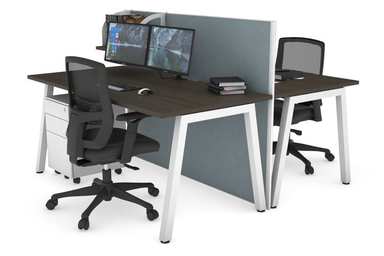 Horizon Quadro 2 Person Bench A Leg Office Workstations [1200L x 800W with Cable Scallop] Jasonl white leg dark oak cool grey (1200H x 1200W)