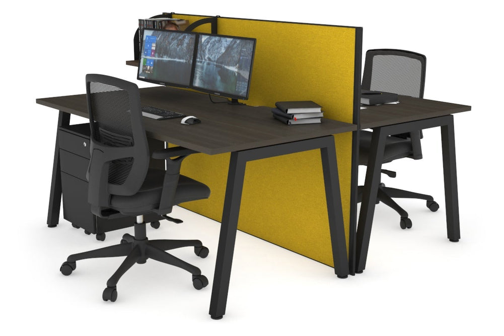 Horizon Quadro 2 Person Bench A Legs Office Workstation [1400L x 800W with Cable Scallop]-black leg dark oak mustard yellow (1200H x 1400W)