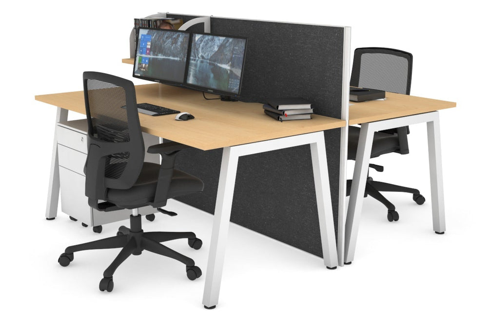 Horizon Quadro 2 Person Bench A Legs Office Workstation [1400L x 800W with Cable Scallop]-white leg maple moody charcoal (1200H x 1400W)