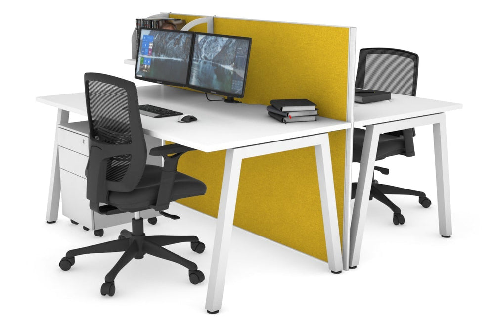 Horizon Quadro 2 Person Bench A Legs Office Workstation [1400L x 800W with Cable Scallop]-white leg white mustard yellow (1200H x 1400W)