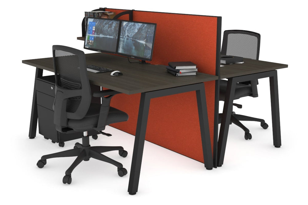Horizon Quadro 2 Person Bench A Legs Office Workstation [1400L x 800W with Cable Scallop]-black leg dark oak orange squash (1200H x 1400W)