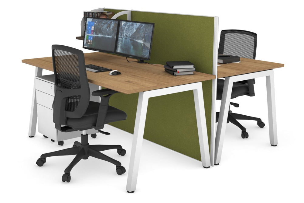 Horizon Quadro 2 Person Bench A Legs Office Workstation [1400L x 800W with Cable Scallop]-white leg salvage oak green moss (1200H x 1400W)