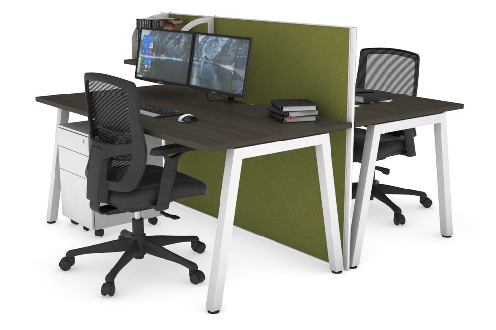 Horizon Quadro 2 Person Bench A Legs Office Workstation [1400L x 800W with Cable Scallop]-white leg dark oak green moss (1200H x 1400W)