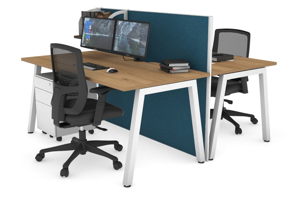 Horizon Quadro 2 Person Bench A Legs Office Workstation [1400L x 800W with Cable Scallop]-white leg salvage oak deep blue (1200H x 1400W)