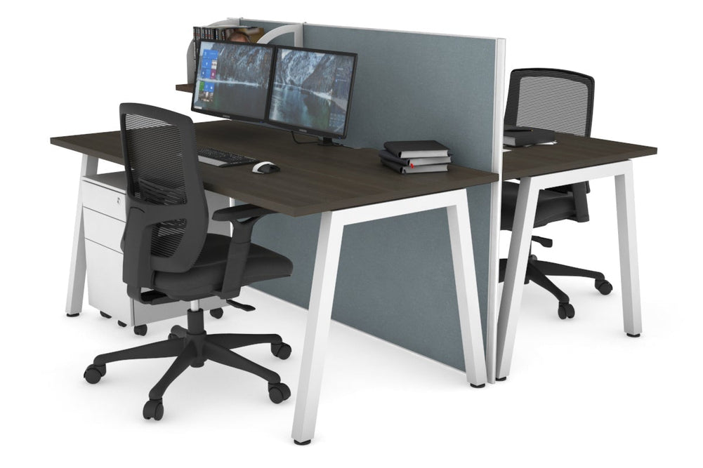 Horizon Quadro 2 Person Bench A Legs Office Workstation [1400L x 800W with Cable Scallop]-white leg dark oak cool grey (1200H x 1400W)