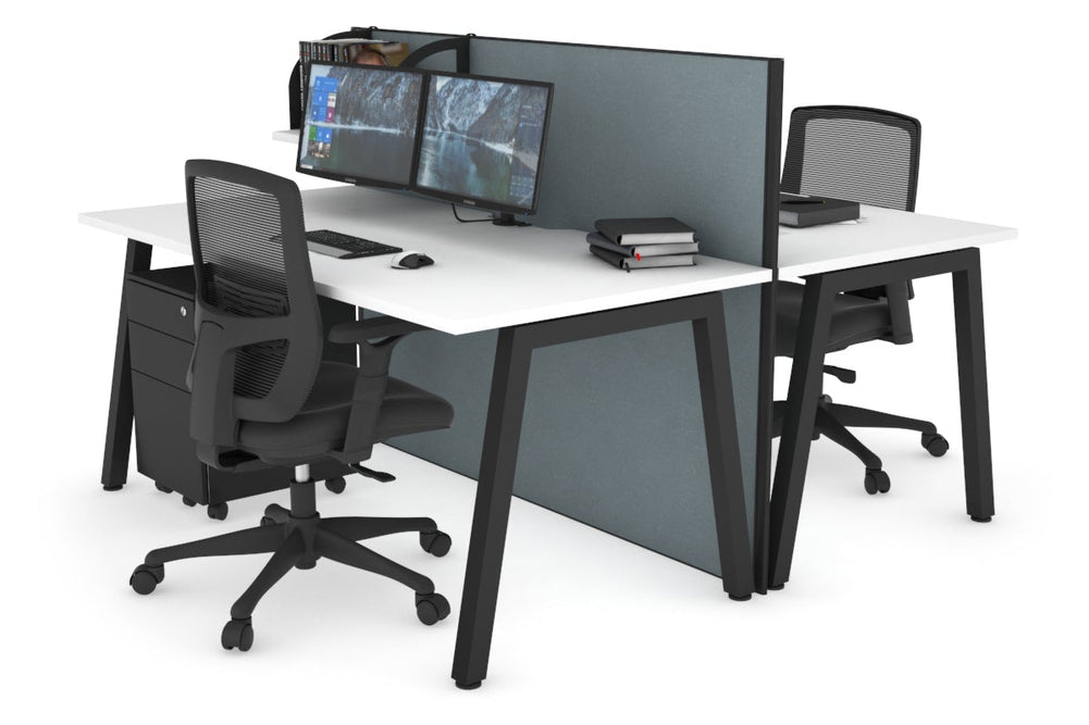 Horizon Quadro 2 Person Bench A Legs Office Workstation [1400L x 800W with Cable Scallop]-black leg white cool grey (1200H x 1400W)