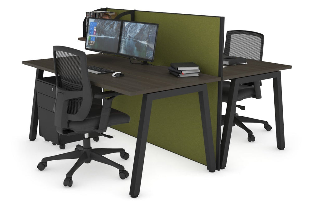 Horizon Quadro 2 Person Bench A Legs Office Workstation [1400L x 800W with Cable Scallop]-black leg dark oak green moss (1200H x 1400W)