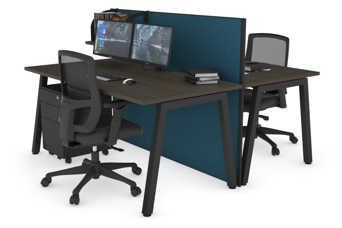 Horizon Quadro 2 Person Bench A Leg Office Workstations [1400L x 800W with Cable Scallop] Jasonl black leg dark oak deep blue (1200H x 1400W)