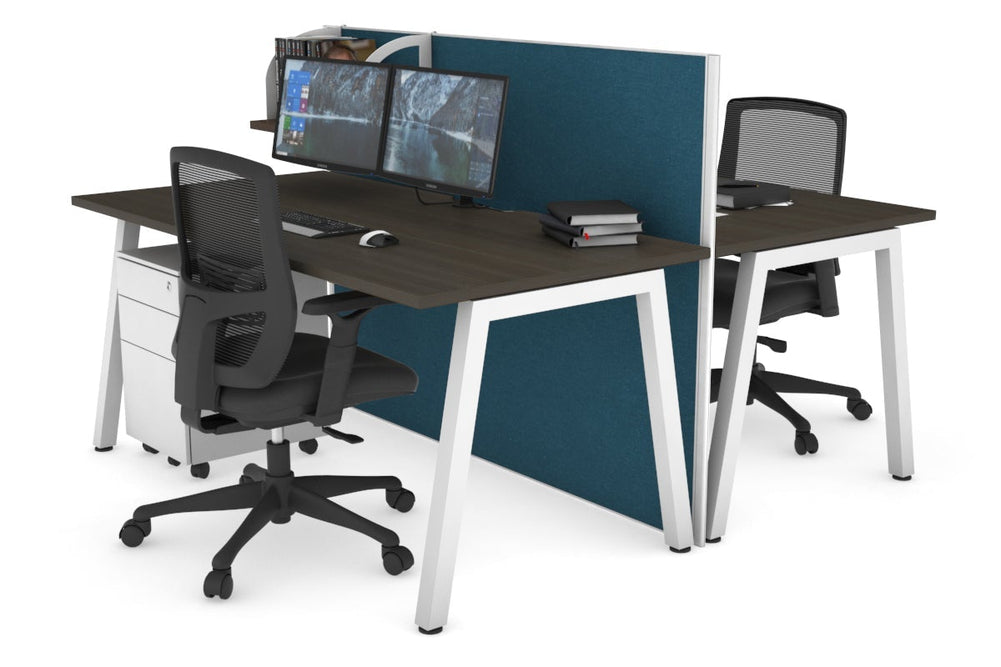 Horizon Quadro 2 Person Bench A Legs Office Workstation [1400L x 800W with Cable Scallop]-white leg dark oak deep blue (1200H x 1400W)
