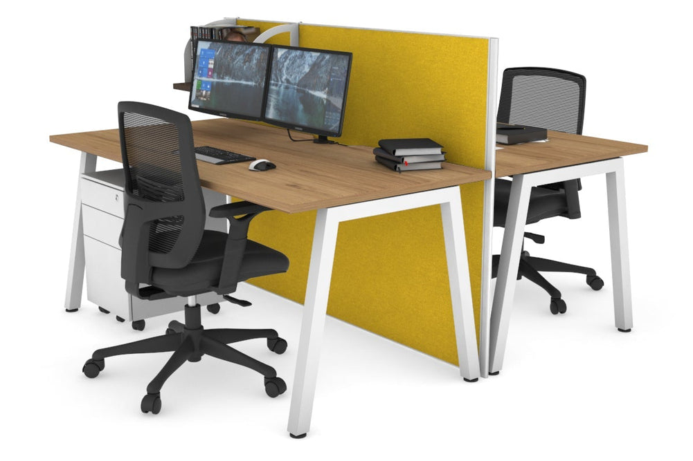 Horizon Quadro 2 Person Bench A Legs Office Workstation [1400L x 800W with Cable Scallop]-white leg salvage oak mustard yellow (1200H x 1400W)