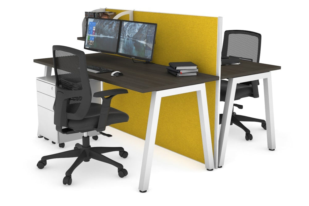 Horizon Quadro 2 Person Bench A Legs Office Workstation [1600L x 700W]-white leg dark oak mustard yellow (1200H x 1600W)