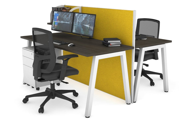 Horizon Quadro 2 Person Bench A Leg Office Workstations [1600L x 700W] Jasonl white leg dark oak mustard yellow (1200H x 1600W)