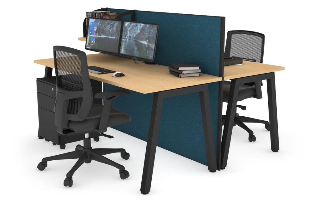 Horizon Quadro 2 Person Bench A Legs Office Workstation [1600L x 700W]-black leg maple deep blue (1200H x 1600W)