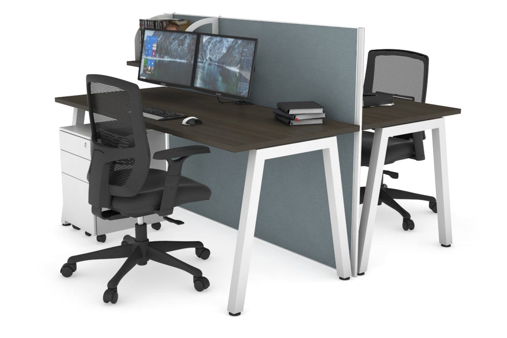 Horizon Quadro 2 Person Bench A Legs Office Workstation [1600L x 700W]-white leg dark oak cool grey (1200H x 1600W)