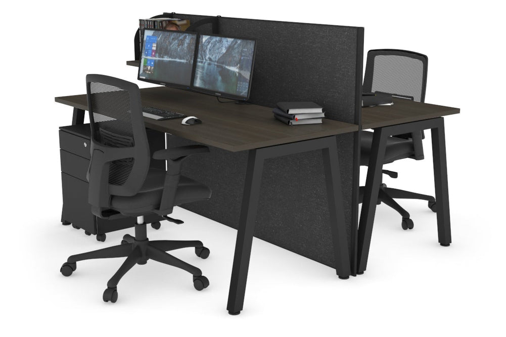 Horizon Quadro 2 Person Bench A Legs Office Workstation [1600L x 700W]-black leg dark oak moody charcoal (1200H x 1600W)