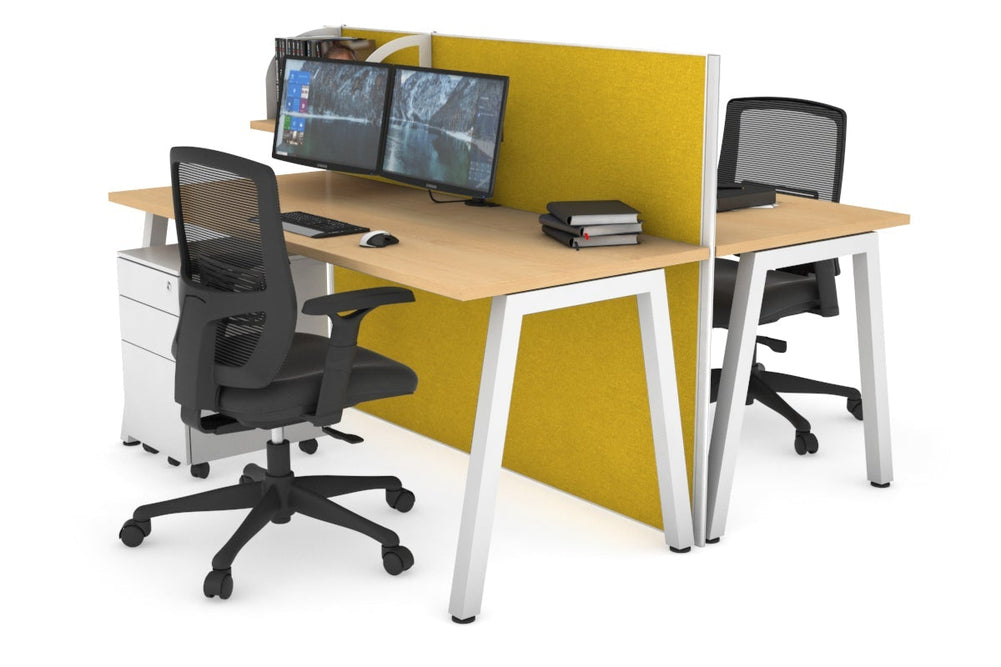 Horizon Quadro 2 Person Bench A Legs Office Workstation [1600L x 700W]-white leg maple mustard yellow (1200H x 1600W)