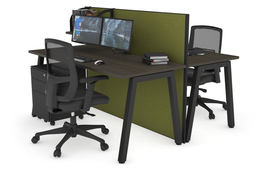 Horizon Quadro 2 Person Bench A Legs Office Workstation [1600L x 700W]-black leg dark oak green moss (1200H x 1600W)