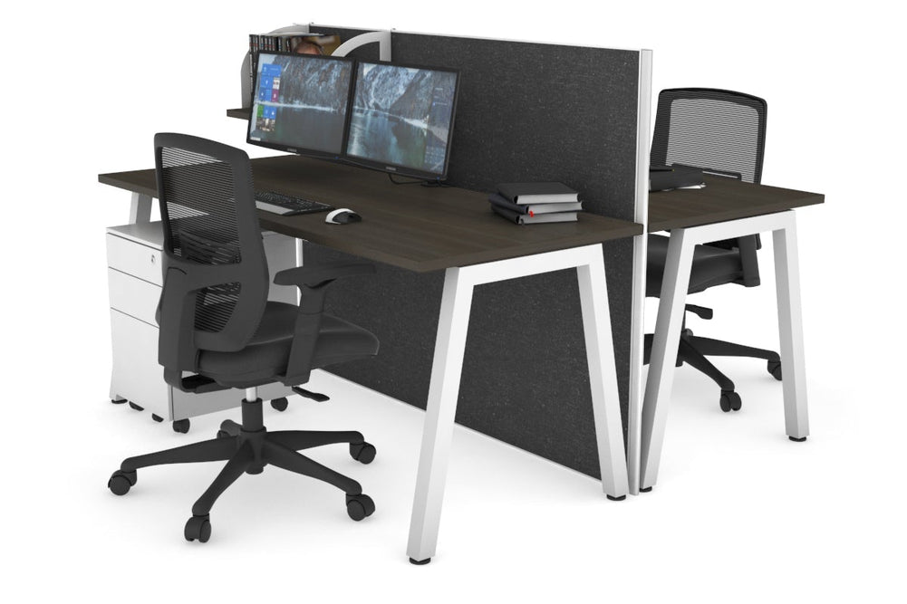 Horizon Quadro 2 Person Bench A Legs Office Workstation [1600L x 700W]-white leg dark oak moody charcoal (1200H x 1600W)