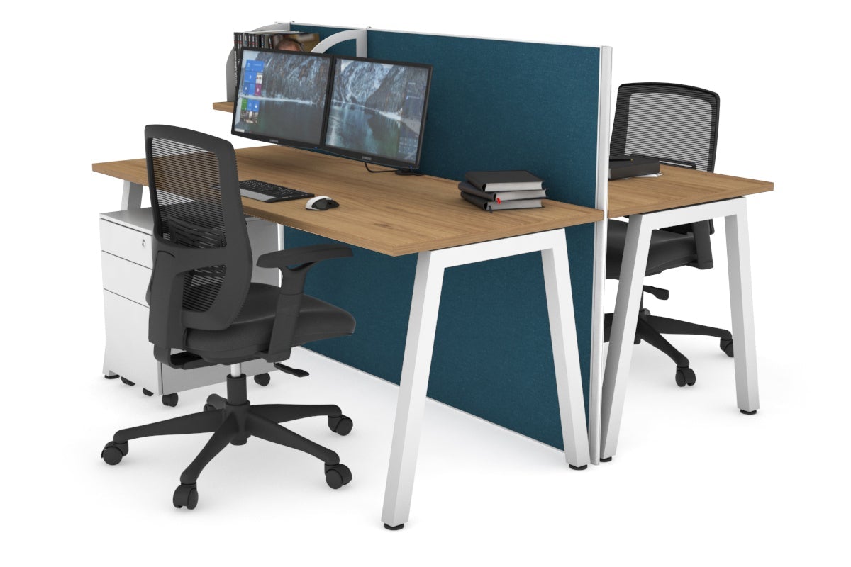 Horizon Quadro 2 Person Bench A Leg Office Workstations [1600L x 700W] Jasonl white leg salvage oak deep blue (1200H x 1600W)