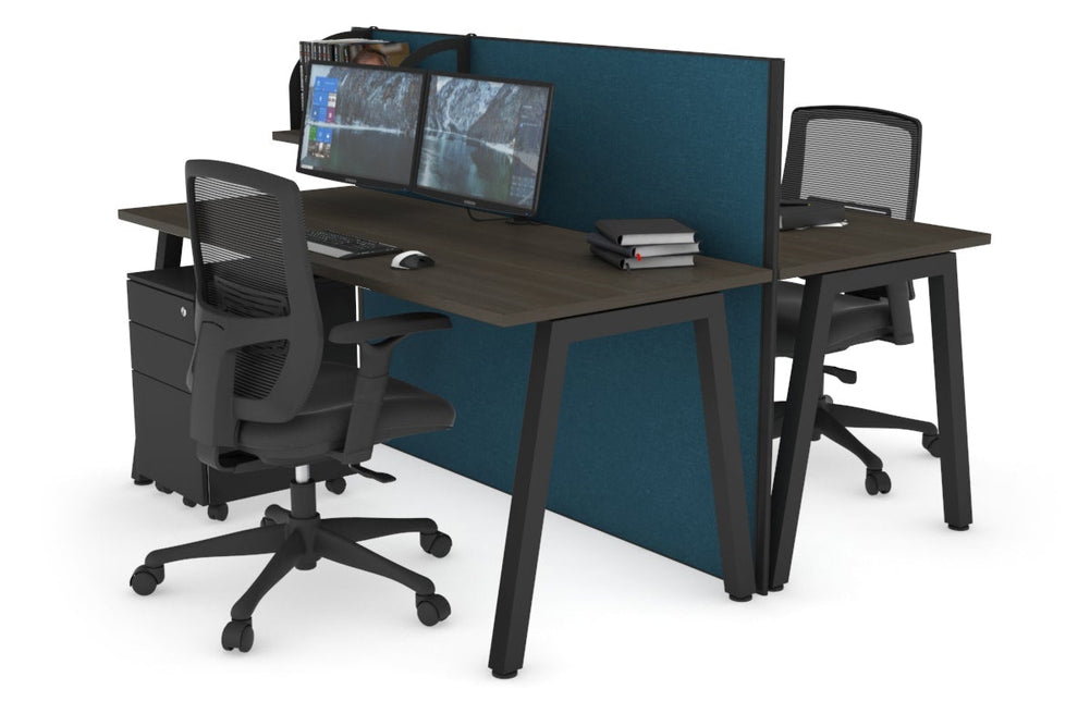 Horizon Quadro 2 Person Bench A Legs Office Workstation [1600L x 700W]-black leg dark oak deep blue (1200H x 1600W)