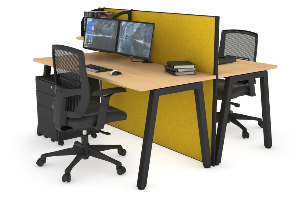 Horizon Quadro 2 Person Bench A Legs Office Workstation [1600L x 700W]-black leg maple mustard yellow (1200H x 1600W)