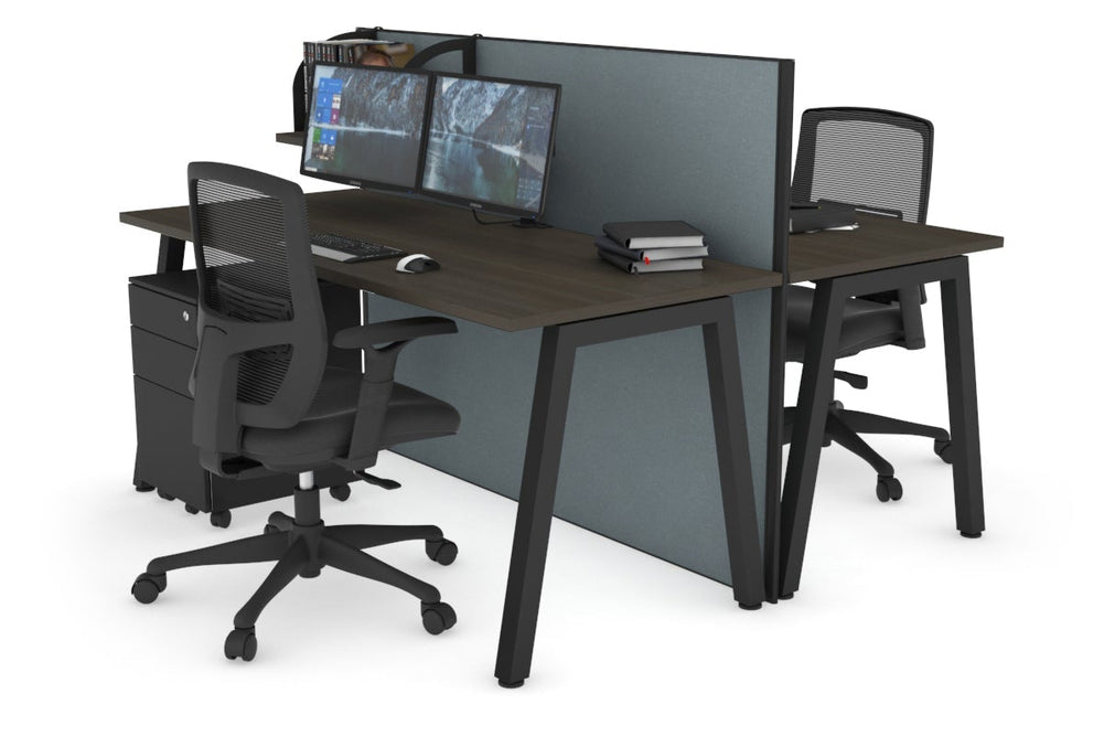 Horizon Quadro 2 Person Bench A Legs Office Workstation [1600L x 700W]-black leg dark oak cool grey (1200H x 1600W)