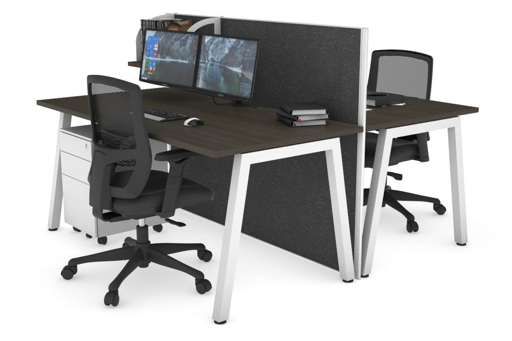 Horizon Quadro 2 Person Bench A Legs Office Workstation [1600L x 800W with Cable Scallop]-white leg dark oak moody charcoal (1200H x 1600W)