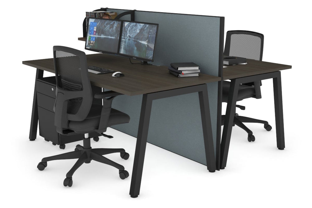 Horizon Quadro 2 Person Bench A Legs Office Workstation [1600L x 800W with Cable Scallop]-black leg dark oak cool grey (1200H x 1600W)