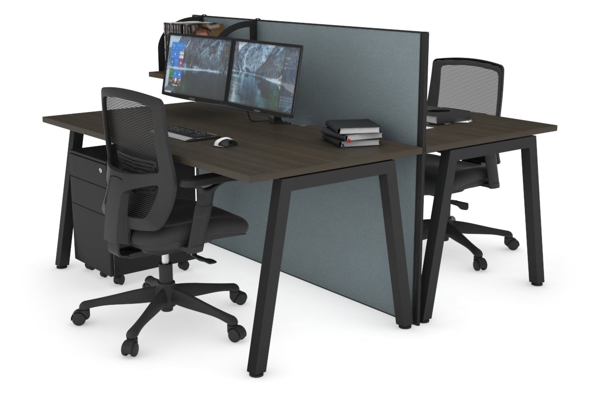 Horizon Quadro 2 Person Bench A Leg Office Workstations [1600L x 800W with Cable Scallop] Jasonl black leg dark oak cool grey (1200H x 1600W)