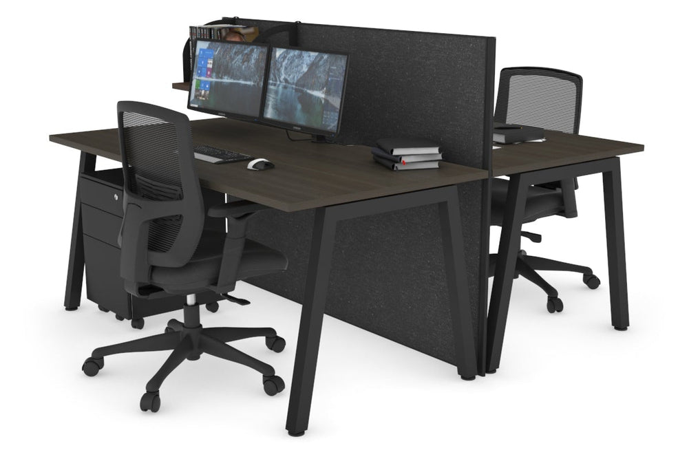 Horizon Quadro 2 Person Bench A Legs Office Workstation [1600L x 800W with Cable Scallop]-black leg dark oak moody charcoal (1200H x 1600W)