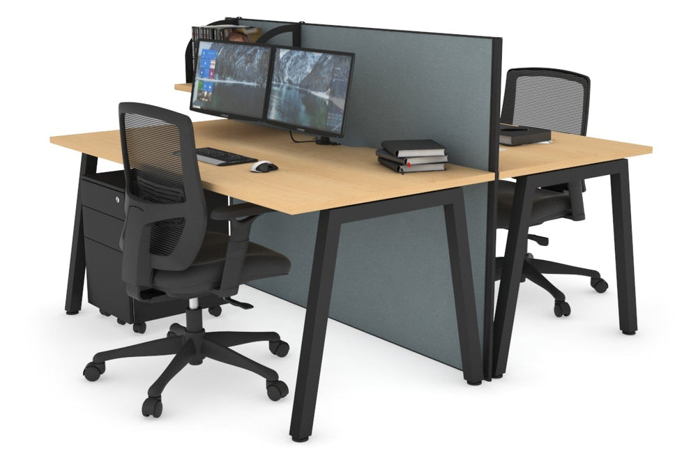 Horizon Quadro 2 Person Bench A Legs Office Workstation [1600L x 800W with Cable Scallop]-black leg maple cool grey (1200H x 1600W)