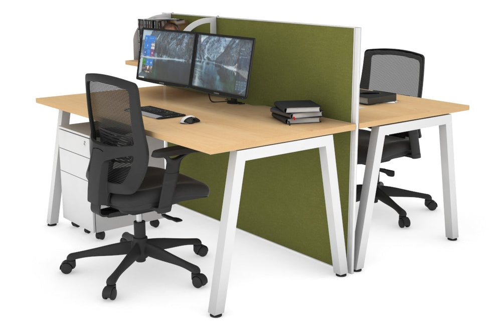 Horizon Quadro 2 Person Bench A Legs Office Workstation [1600L x 800W with Cable Scallop]-white leg maple green moss (1200H x 1600W)