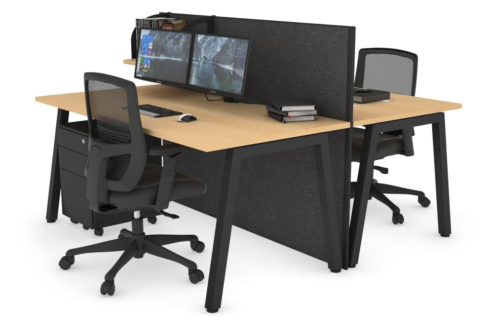 Horizon Quadro 2 Person Bench A Legs Office Workstation [1600L x 800W with Cable Scallop]-black leg maple moody charcoal (1200H x 1600W)