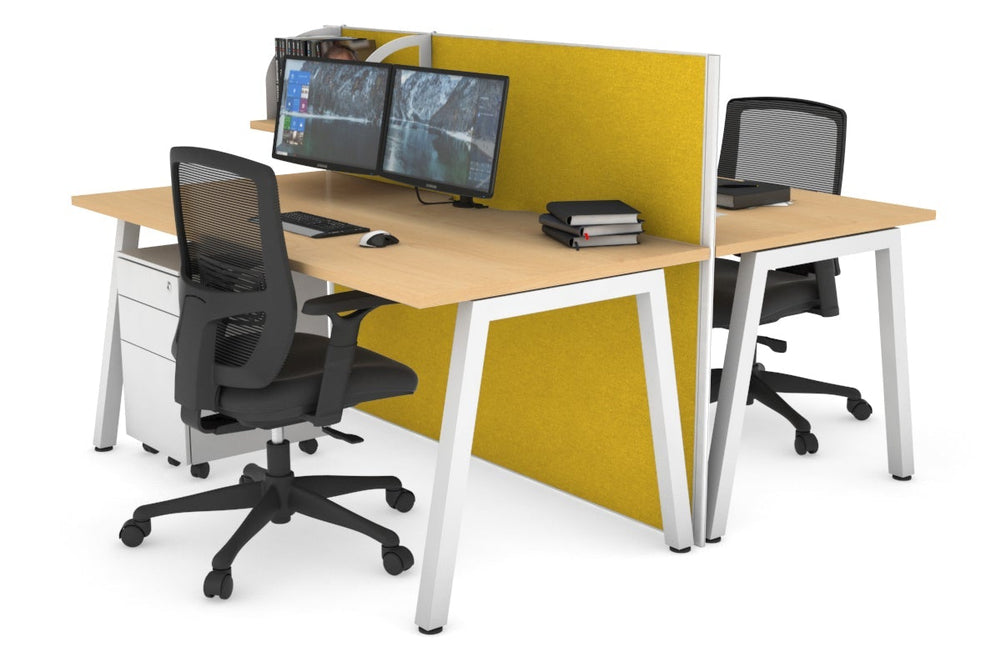 Horizon Quadro 2 Person Bench A Legs Office Workstation [1600L x 800W with Cable Scallop]-white leg maple mustard yellow (1200H x 1600W)
