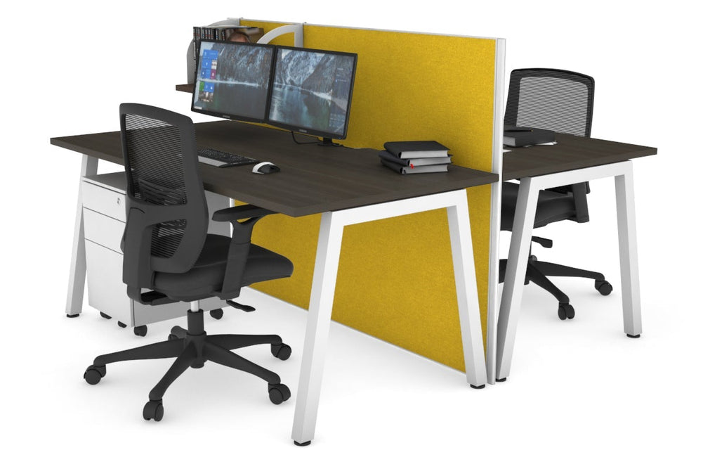 Horizon Quadro 2 Person Bench A Legs Office Workstation [1600L x 800W with Cable Scallop]-white leg dark oak mustard yellow (1200H x 1600W)